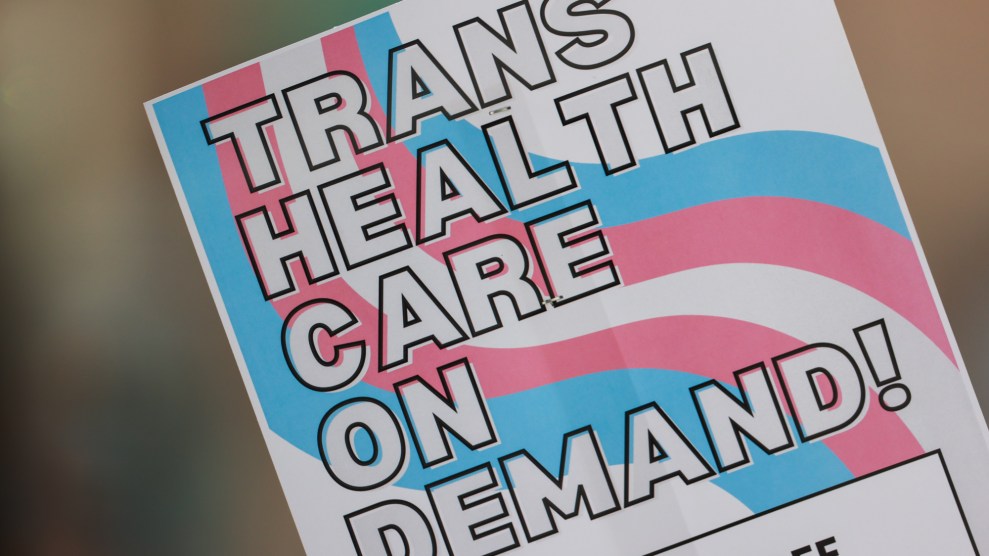 The pink, blue and white striped symbol of the transgender pride flag reads: "Trans health care on demand!"